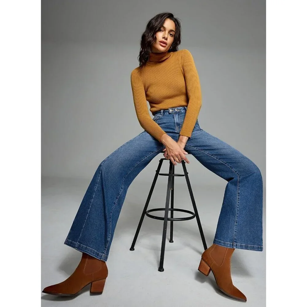Women's High Waisted Wide Leg Stretch Denim Jeans Zipper Pockets Casual